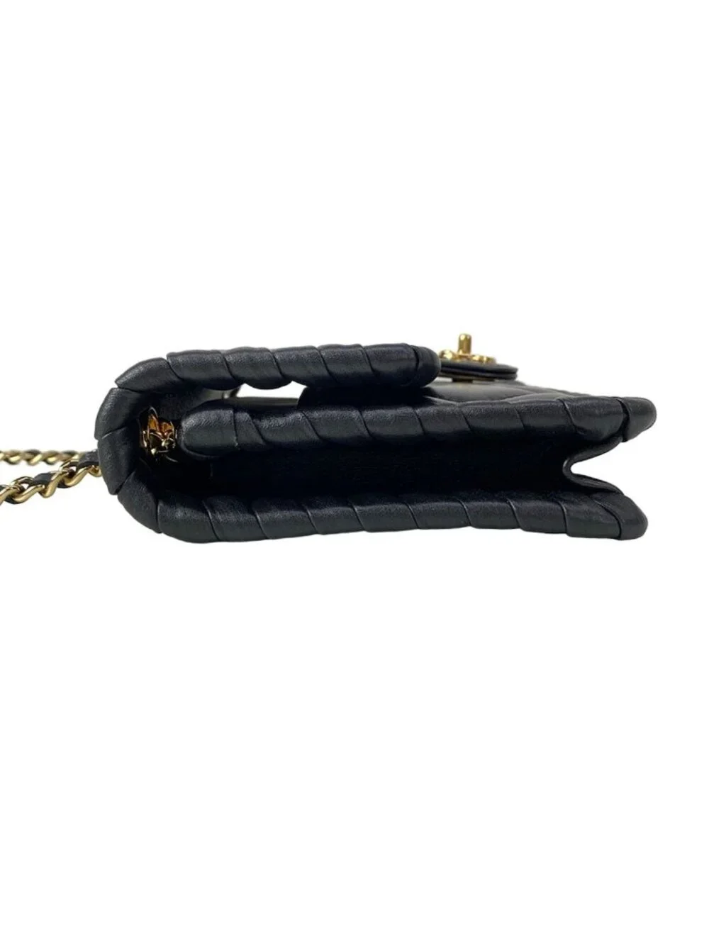 Chanel Wallet Quilted Black Chain Gold Coin Charm Braided Metal Lambskin